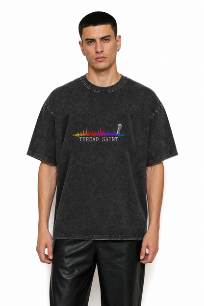American Vintage Distressed Music Microphone Embroidered Oversized Heavy Cotton Black T-shirt Unisex