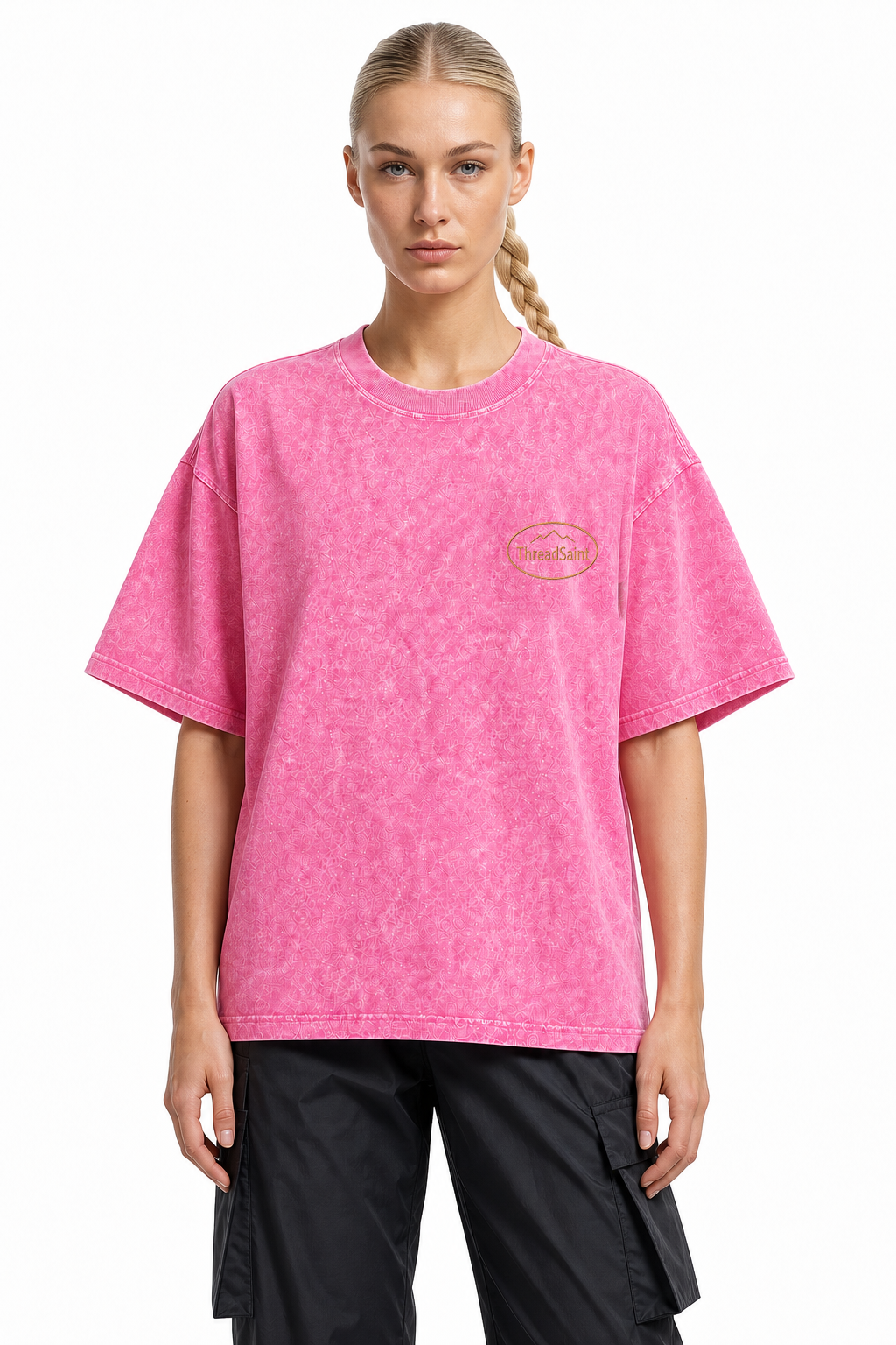 Vintage Washed Textured Black Tee | Oval Mountain Thread Saint Badge Embroidery Oversized Unisex Top
