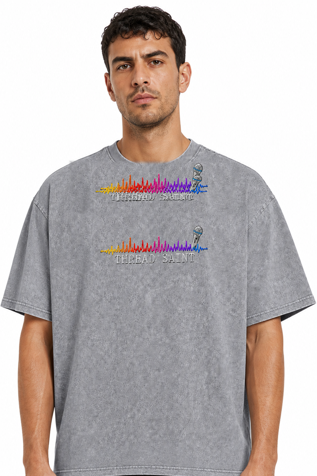 American Vintage Distressed Music Microphone Embroidered Oversized Heavy Cotton Black T-shirt Unisex