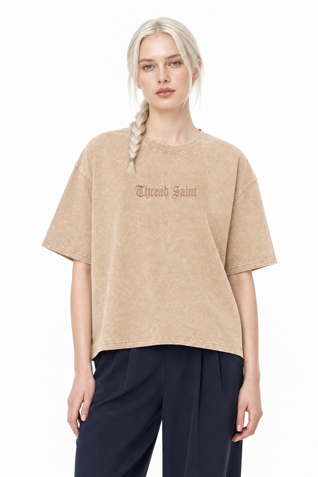 Vintage Washed Textured Black Tee | Gothic Thread Saint Letter Embroidery Oversized Unisex Top