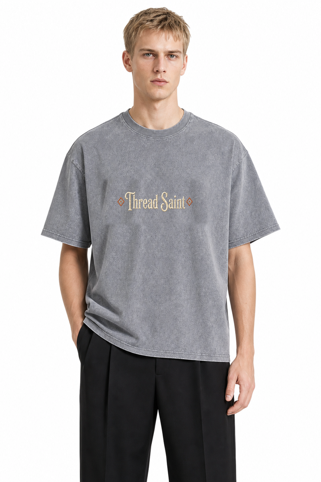 Vintage Washed Textured Black Tee | Gothic Thread Saint Embroidery with Diamond Accents Oversized Unisex Top