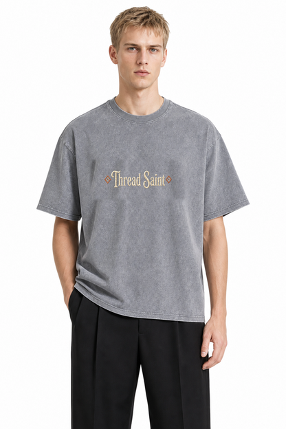 Vintage Washed Textured Black Tee | Gothic Thread Saint Embroidery with Diamond Accents Oversized Unisex Top