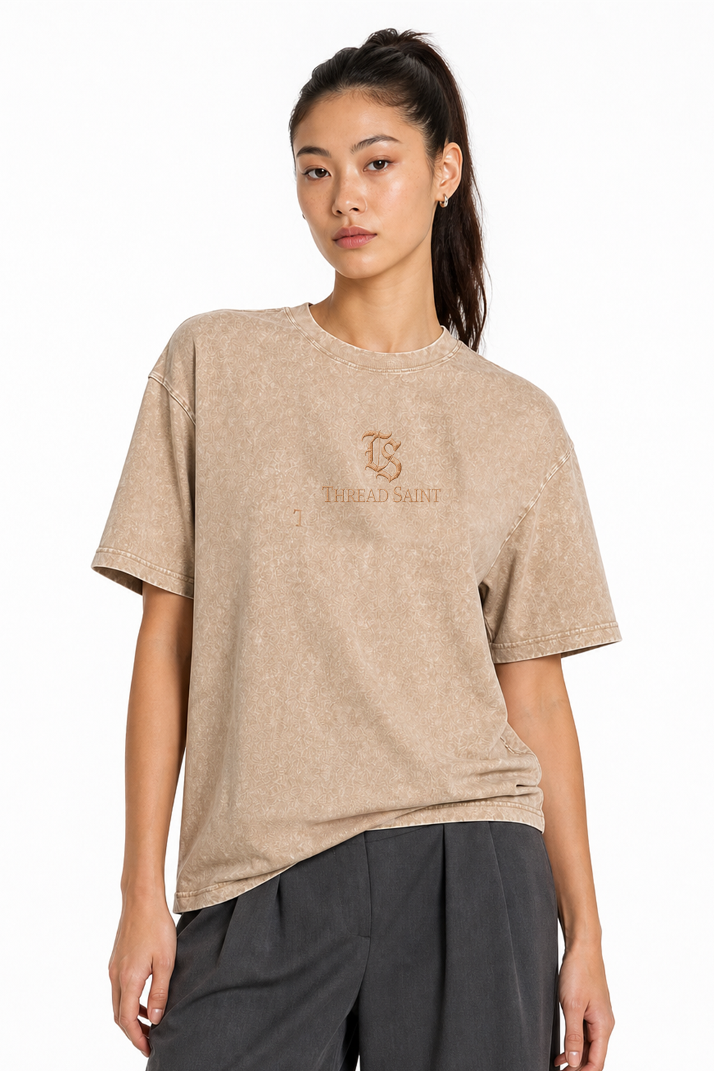 American Vintage Distressed TS Monogram Embroidered Oversized Heavy Cotton Black T-shirt Unisex