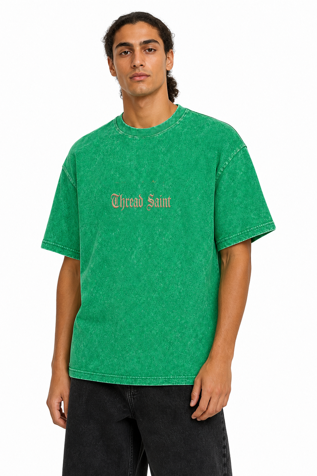 Vintage Washed Textured Black Tee | Gothic Thread Saint Letter Embroidery Oversized Unisex Top