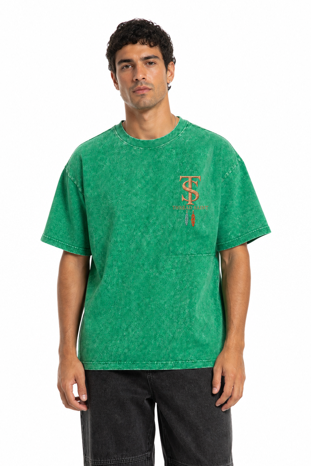Vintage Washed Textured Black Tee | Western TS Monogram Feather Thread Saint Embroidery Oversized Unisex Top