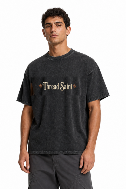 Vintage Washed Textured Black Tee | Gothic Thread Saint Embroidery with Diamond Accents Oversized Unisex Top
