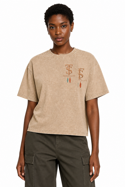 Vintage Washed Textured Black Tee | Western TS Monogram Feather Thread Saint Embroidery Oversized Unisex Top