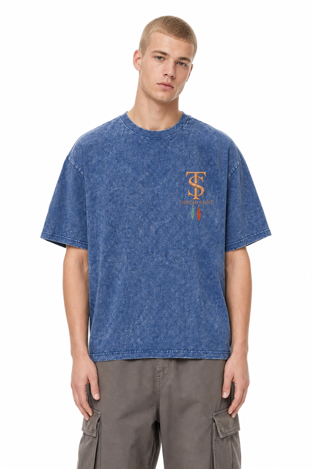 Vintage Washed Textured Black Tee | Western TS Monogram Feather Thread Saint Embroidery Oversized Unisex Top