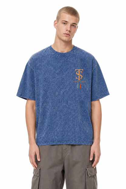 Vintage Washed Textured Black Tee | Western TS Monogram Feather Thread Saint Embroidery Oversized Unisex Top