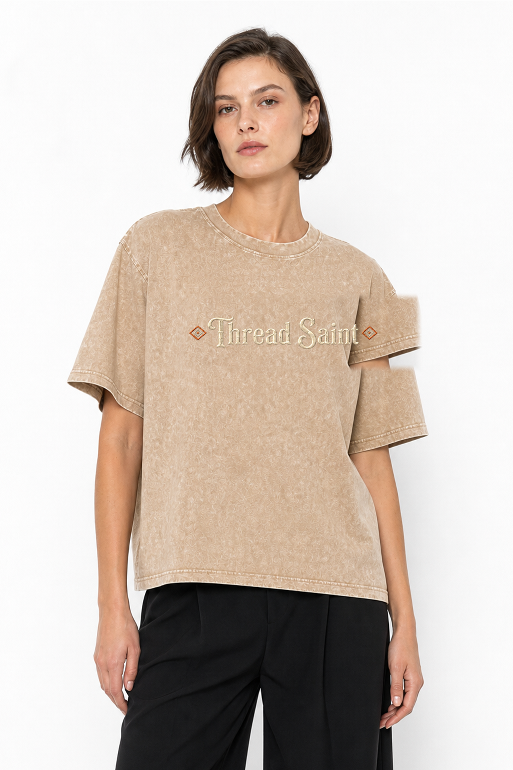 Vintage Washed Textured Black Tee | Gothic Thread Saint Embroidery with Diamond Accents Oversized Unisex Top