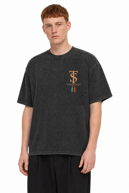 Vintage Washed Textured Black Tee | Western TS Monogram Feather Thread Saint Embroidery Oversized Unisex Top