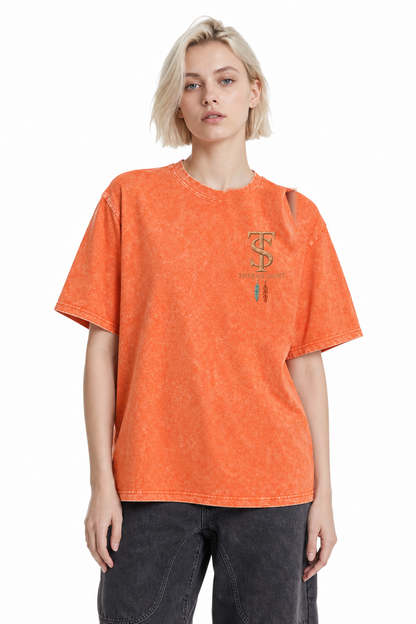 Vintage Washed Textured Black Tee | Western TS Monogram Feather Thread Saint Embroidery Oversized Unisex Top