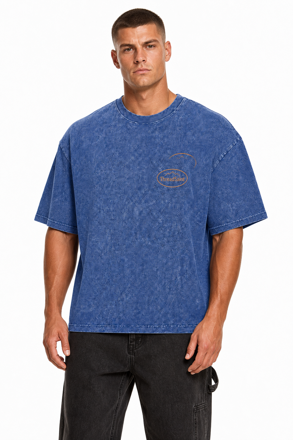 Vintage Washed Textured Black Tee | Oval Mountain Thread Saint Badge Embroidery Oversized Unisex Top
