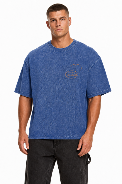 Vintage Washed Textured Black Tee | Oval Mountain Thread Saint Badge Embroidery Oversized Unisex Top