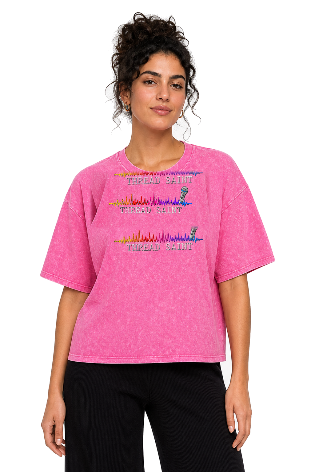 American Vintage Distressed Music Microphone Embroidered Oversized Heavy Cotton Black T-shirt Unisex