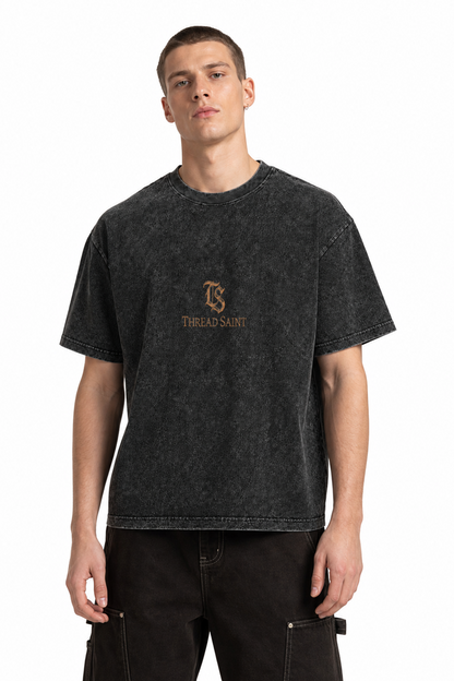 American Vintage Distressed TS Monogram Embroidered Oversized Heavy Cotton Black T-shirt Unisex