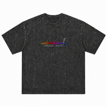 American Vintage Distressed Music Microphone Embroidered Oversized Heavy Cotton Black T-shirt Unisex