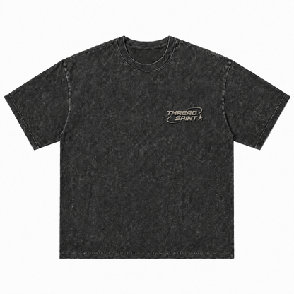Vintage Washed Textured Black Tee | Thread Saint Curved Star Logo Embroidery Oversized Unisex Top